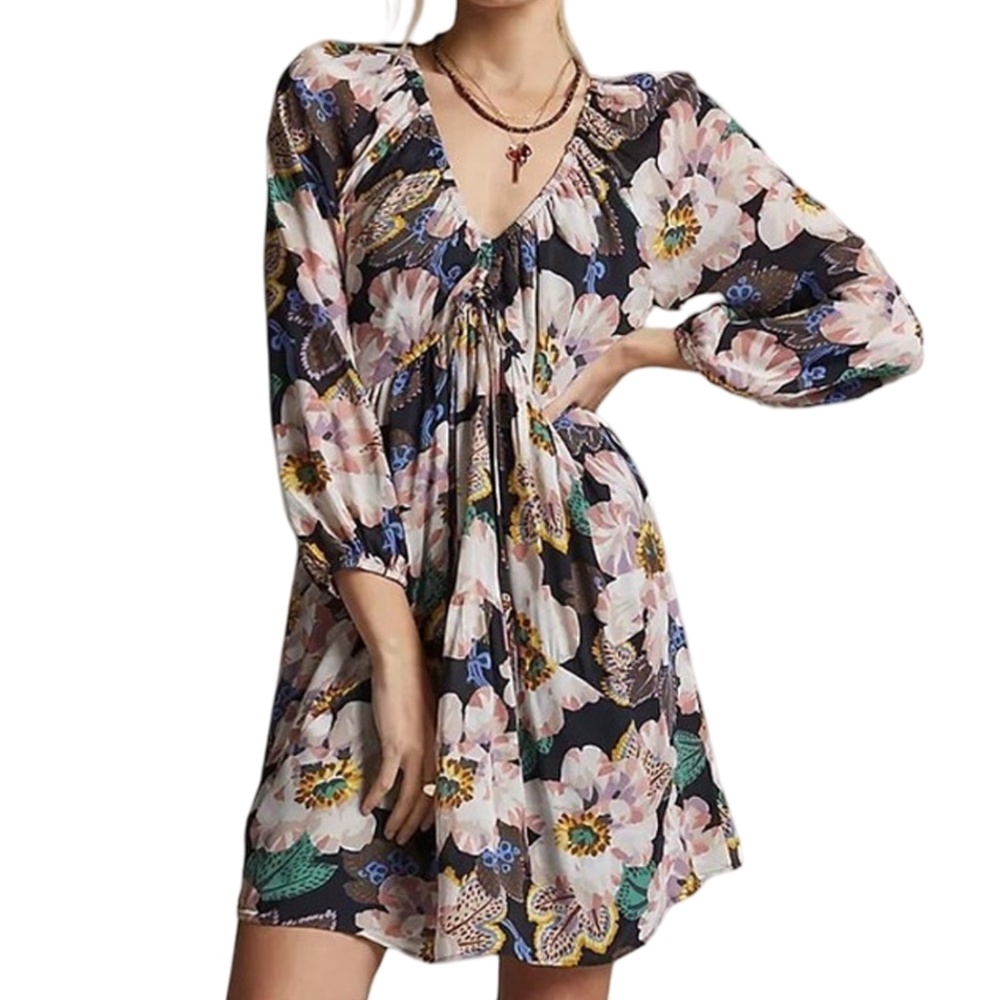 Anthropologie Tiered Tunic Dress 100% Viscose (Rayon) Lined Floral Bohemian